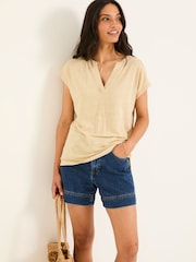 FatFace Oatmeal 100% Linen Notch Neck Top - Image 4 of 6