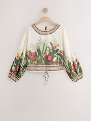 Cream/Pink/Green Palm Flower Long Balloon Sleeve Tie Waist Top With Linen - Image 1 of 3