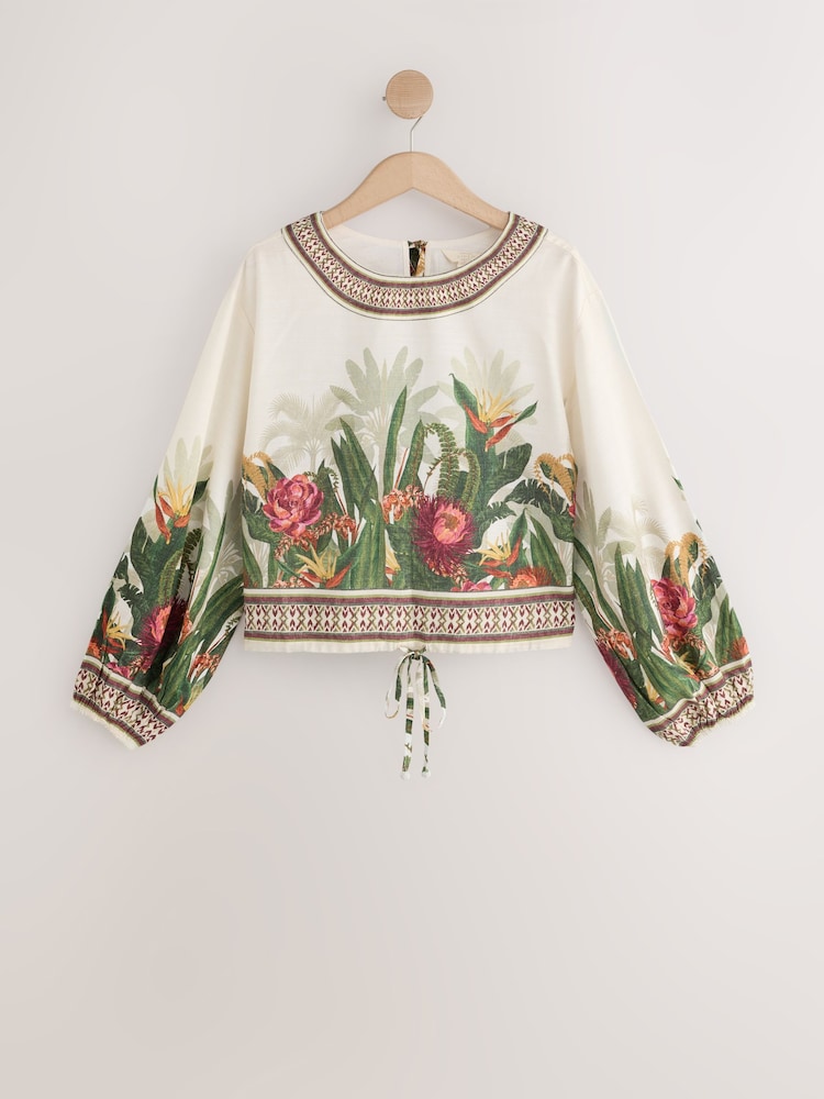 Cream/Pink/Green Palm Flower Long Balloon Sleeve Tie Waist Top With Linen - Image 1 of 3