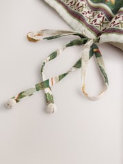 Cream/Pink/Green Palm Flower Long Balloon Sleeve Tie Waist Top With Linen - Image 2 of 3