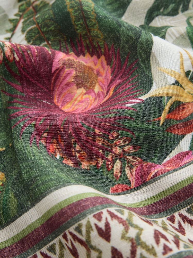 Cream/Pink/Green Palm Flower Long Balloon Sleeve Tie Waist Top With Linen - Image 3 of 3
