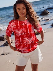 Red Palm Print Short Sleeve Boxy T-Shirt with Linen - Image 1 of 6