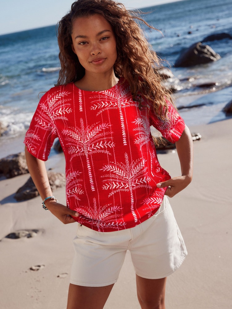 Red Palm Print Short Sleeve Boxy T-Shirt with Linen - Image 1 of 6