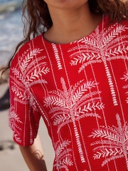Red Palm Print Short Sleeve Boxy T-Shirt with Linen - Image 2 of 6