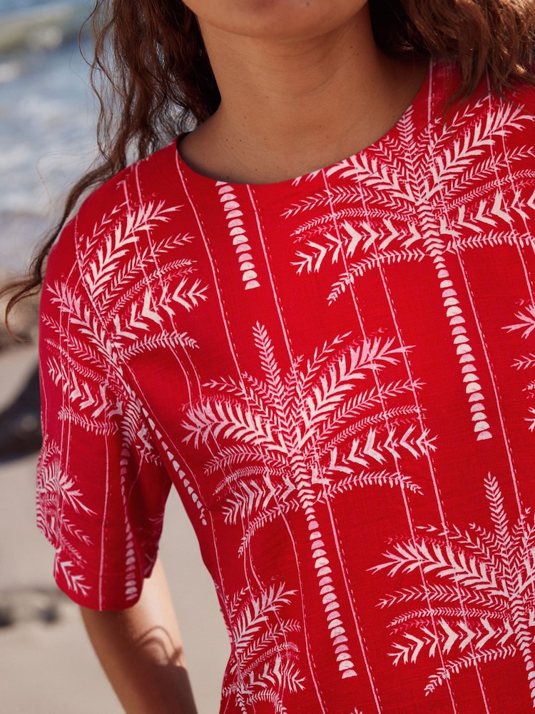 Red Palm Print Short Sleeve Boxy T-Shirt with Linen - Image 2 of 6