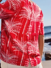 Red Palm Print Short Sleeve Boxy T-Shirt with Linen - Image 3 of 6