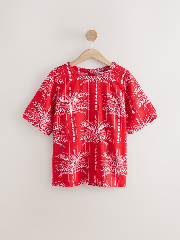 Red Palm Print Short Sleeve Boxy T-Shirt with Linen - Image 4 of 6