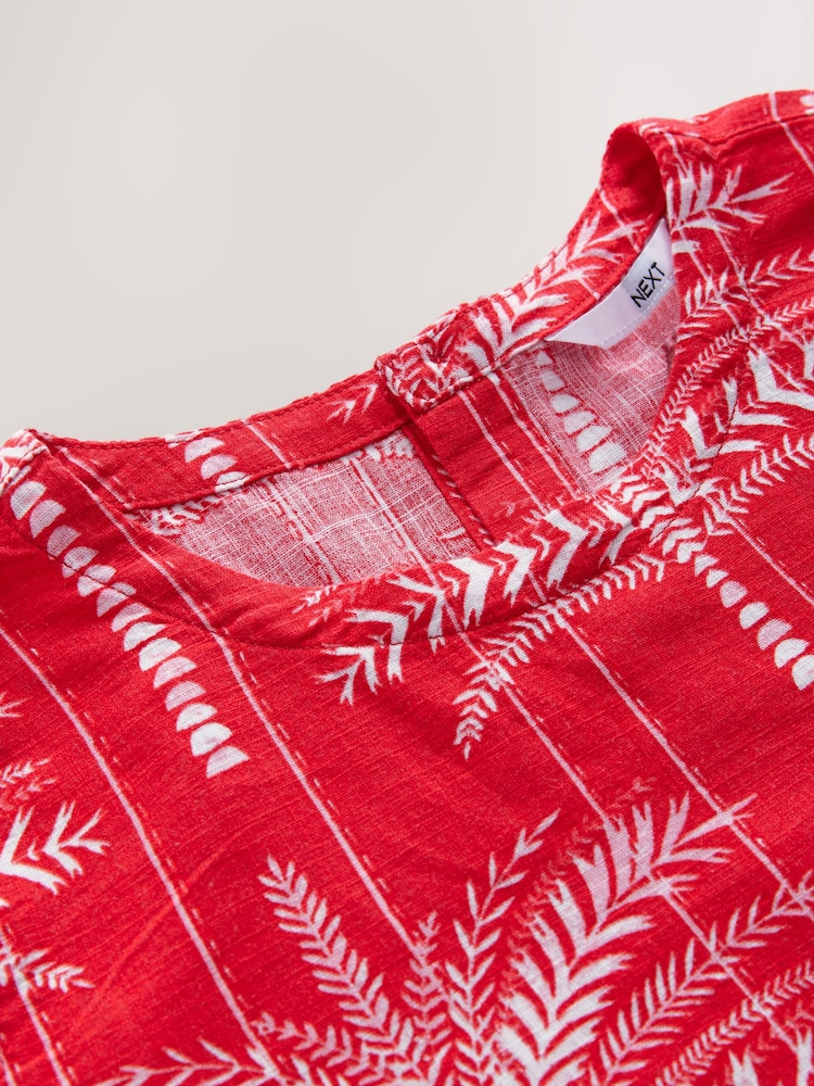 Red Palm Print Short Sleeve Boxy T-Shirt with Linen - Image 5 of 6