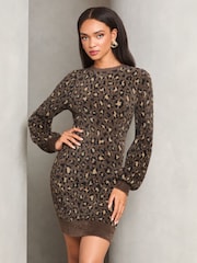 Lipsy Leopard Fluffy Eyelash Long Sleeve Knitted Mini Dress - Image 3 of 4