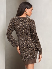 Lipsy Leopard Fluffy Eyelash Long Sleeve Knitted Mini Dress - Image 4 of 4