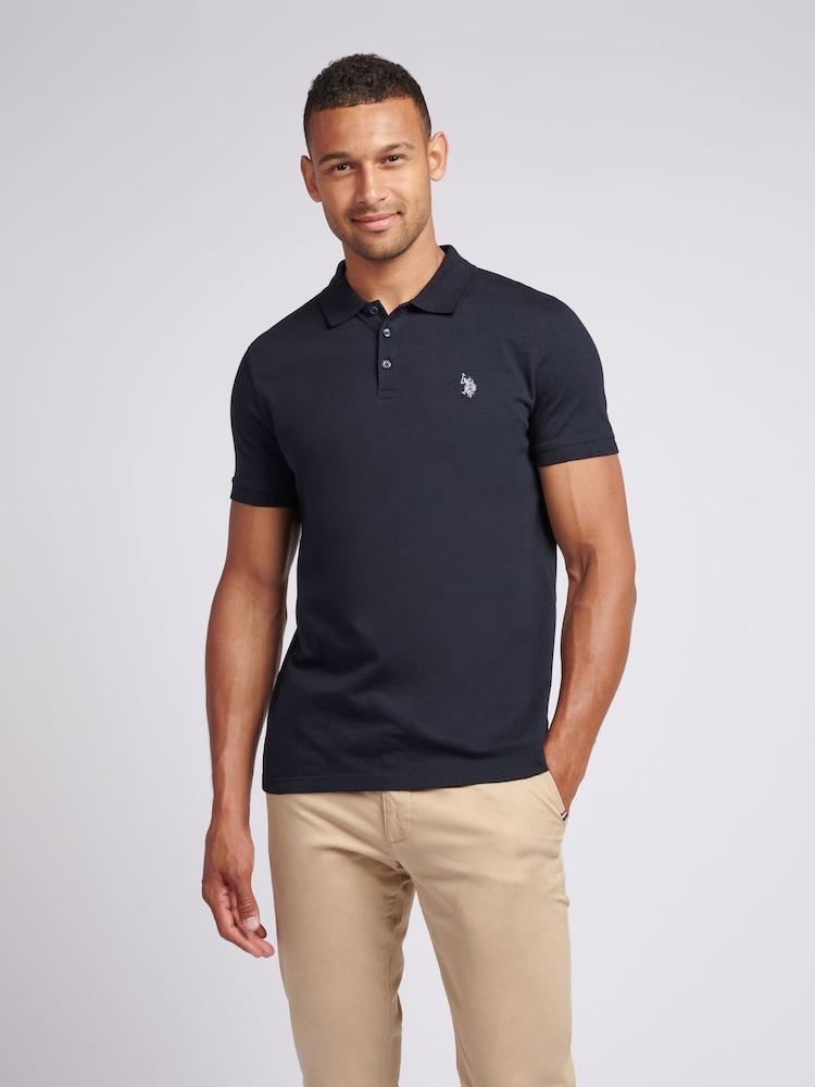 US Polo Assn. Синяя мужская рубашка поло из 100% хлопкового трикотажа с принтом "Double Horsemen" - Image 1 of 7