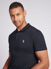 US Polo Assn. Синяя мужская рубашка поло из 100% хлопкового трикотажа с принтом "Double Horsemen" - Image 4 of 7