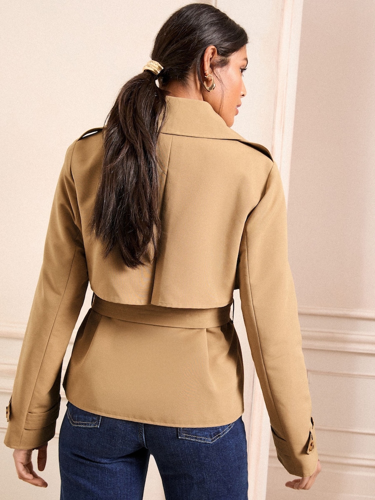 Love & Roses Camel Wrap Belted Short Trench Jacket - Image 5 of 5