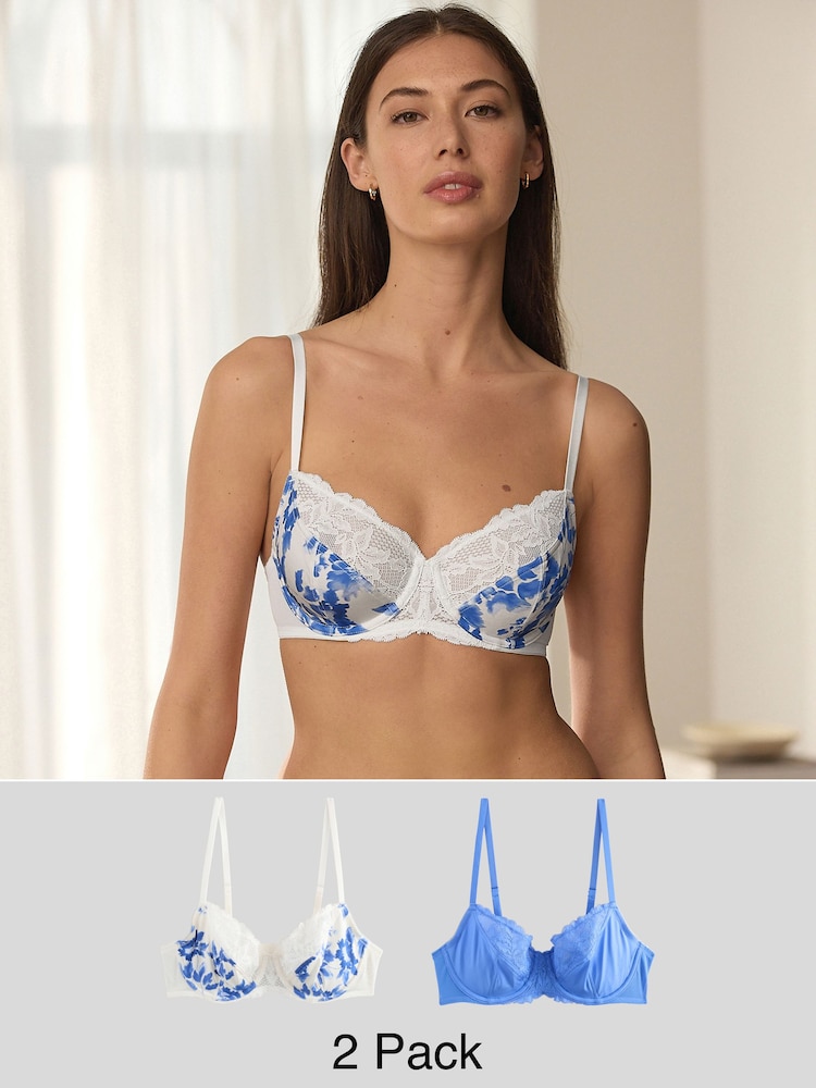 Blue 2 Pack Floral Print Non Pad Full Cup Bra - Image 1 of 11