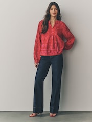 Red/Pink Lobster Border Print Long Sleeve Pintuck Tie Neck 100% Cotton Blouse - Image 2 of 7