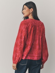 Red/Pink Lobster Border Print Long Sleeve Pintuck Tie Neck 100% Cotton Blouse - Image 3 of 7