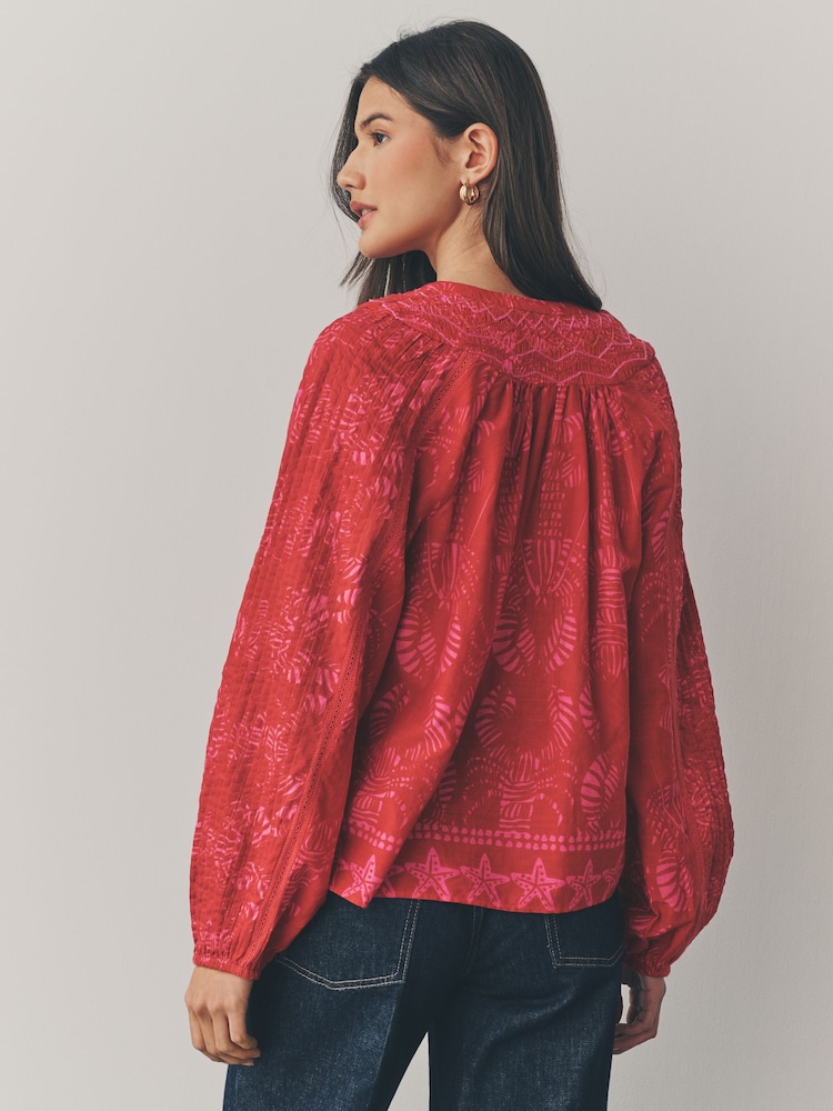 Red/Pink Lobster Border Print Long Sleeve Pintuck Tie Neck 100% Cotton Blouse - Image 3 of 7