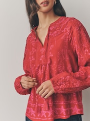 Red/Pink Lobster Border Print Long Sleeve Pintuck Tie Neck 100% Cotton Blouse - Image 4 of 7
