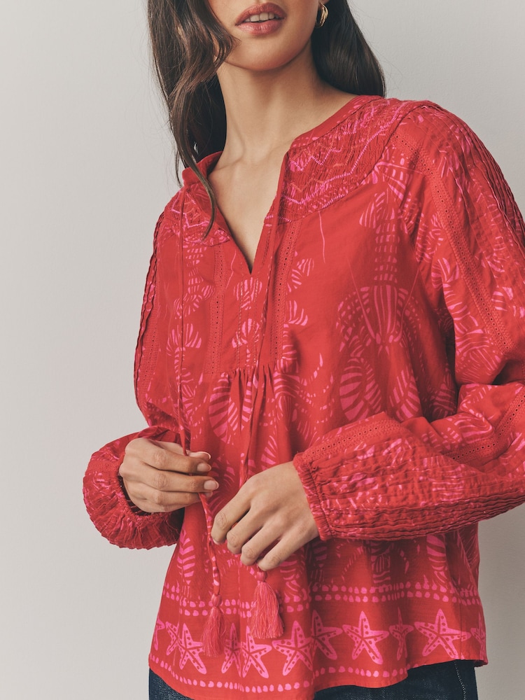 Red/Pink Lobster Border Print Long Sleeve Pintuck Tie Neck 100% Cotton Blouse - Image 4 of 7