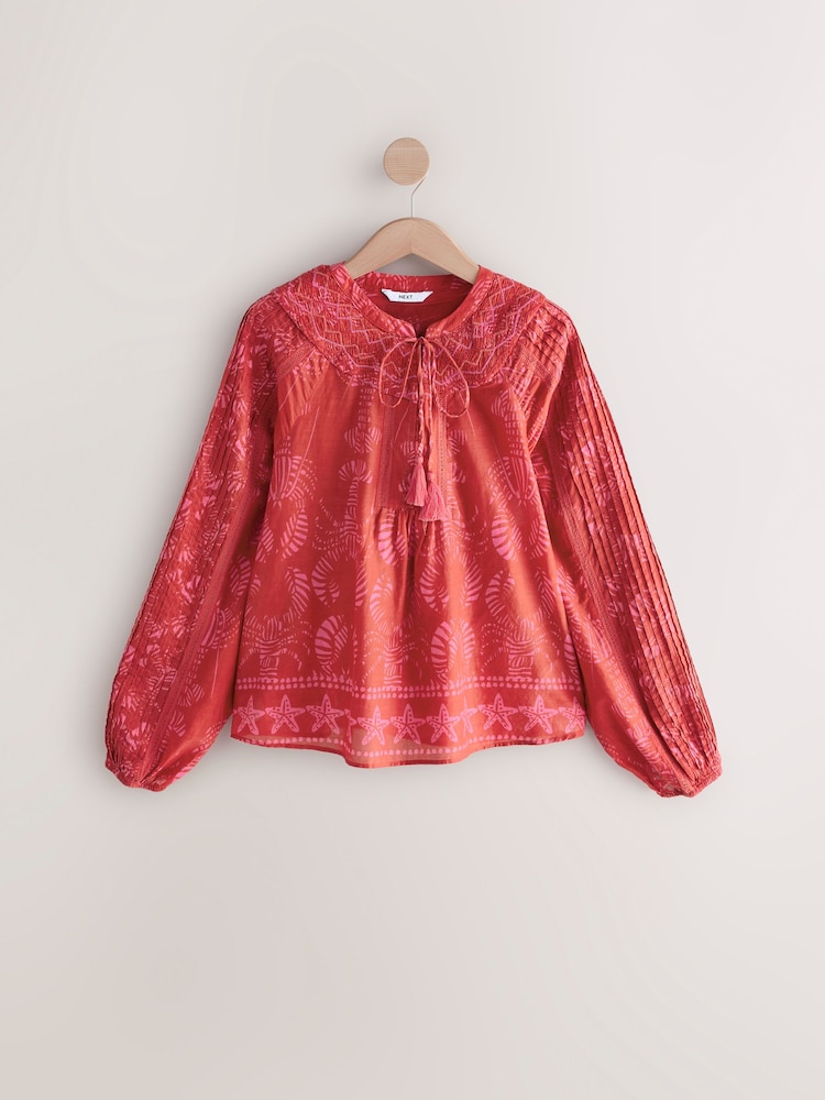Red/Pink Lobster Border Print Long Sleeve Pintuck Tie Neck 100% Cotton Blouse - Image 5 of 7