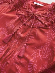 Red/Pink Lobster Border Print Long Sleeve Pintuck Tie Neck 100% Cotton Blouse - Image 6 of 7