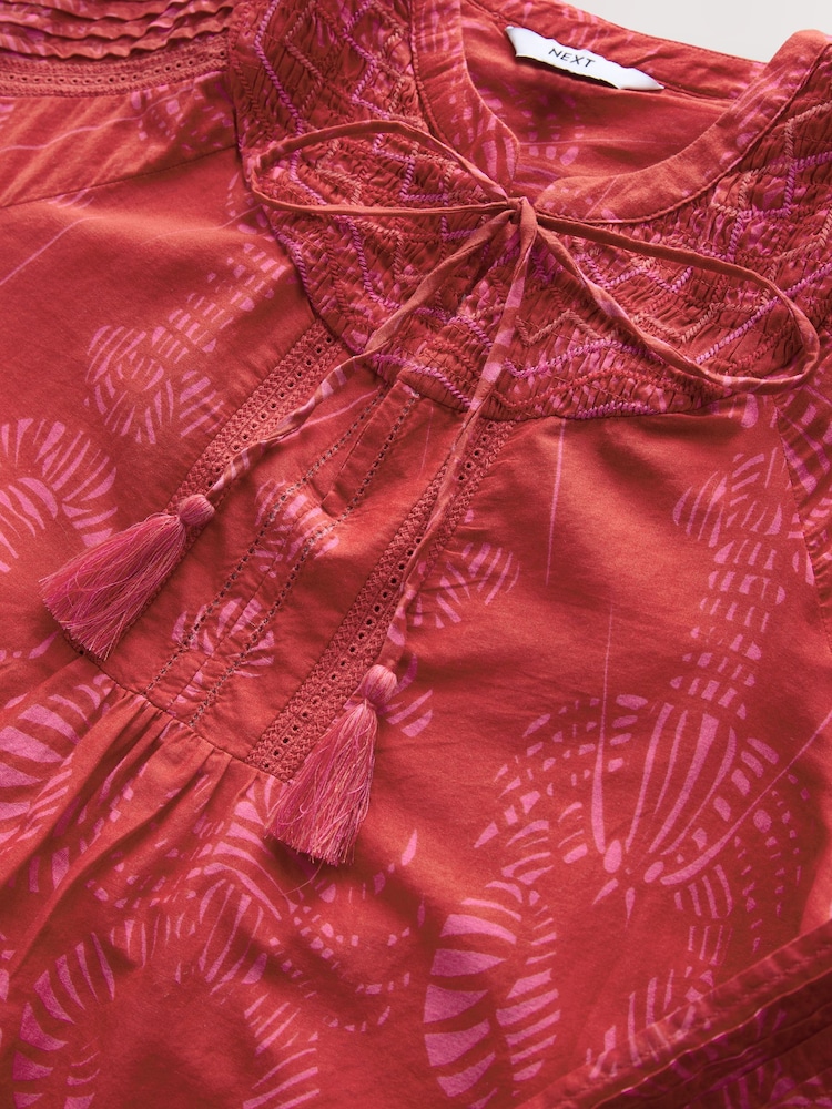 Red/Pink Lobster Border Print Long Sleeve Pintuck Tie Neck 100% Cotton Blouse - Image 6 of 7