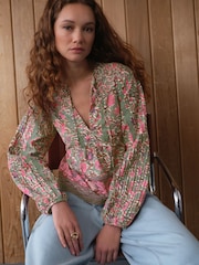 Green/Pink Floral Border Print Long Sleeve Pintuck Tie Neck 100% Cotton Blouse - Image 1 of 9