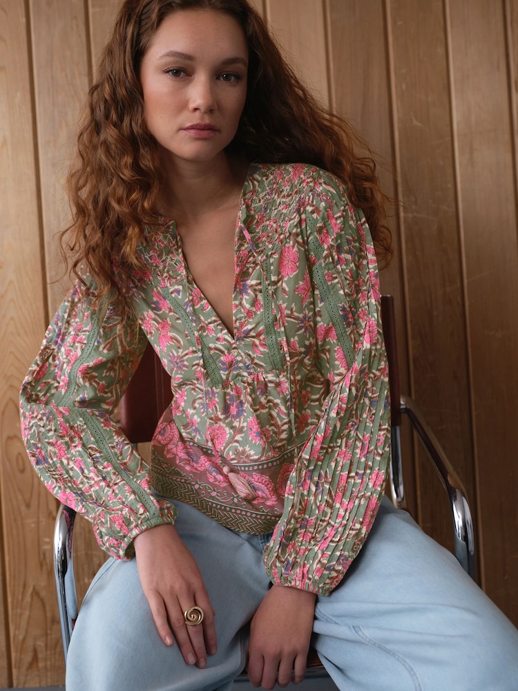 Green/Pink Floral Border Print Long Sleeve Pintuck Tie Neck 100% Cotton Blouse - Image 1 of 9