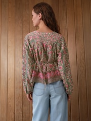 Green/Pink Floral Border Print Long Sleeve Pintuck Tie Neck 100% Cotton Blouse - Image 2 of 9