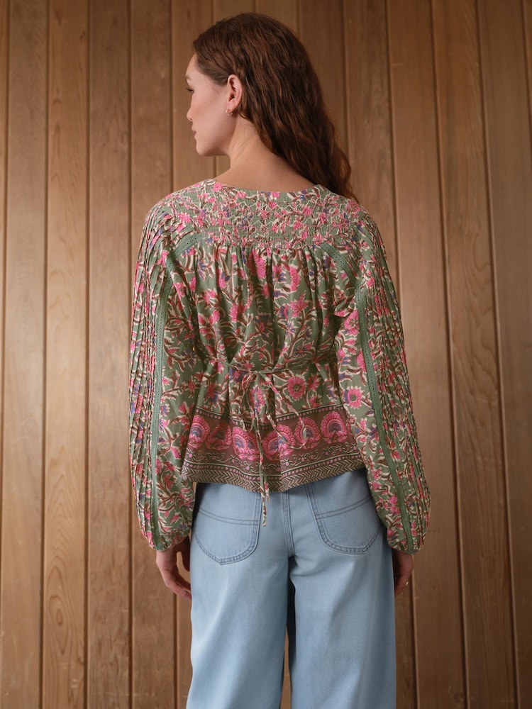 Green/Pink Floral Border Print Long Sleeve Pintuck Tie Neck 100% Cotton Blouse - Image 2 of 9