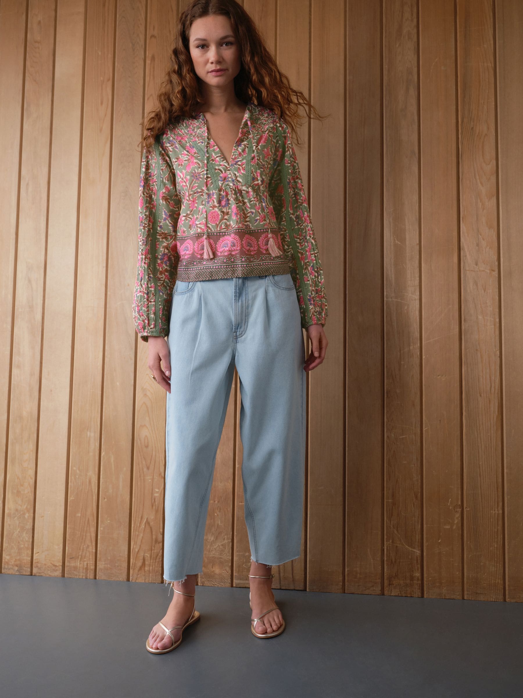 トップス Linen border long sleeves Women Casual Linen Blouses V Neck Long Sleeve Pullover Solid