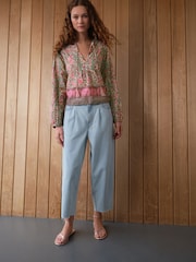 Green/Pink Floral Border Print Long Sleeve Pintuck Tie Neck 100% Cotton Blouse - Image 3 of 9