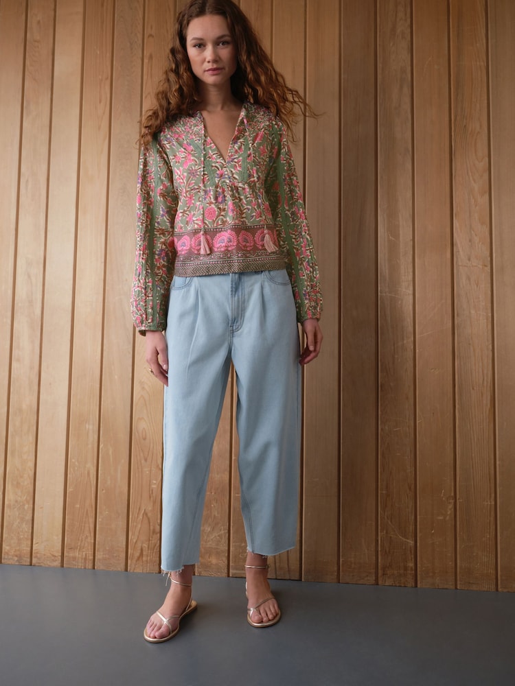 Green/Pink Floral Border Print Long Sleeve Pintuck Tie Neck 100% Cotton Blouse - Image 3 of 9
