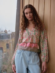 Green/Pink Floral Border Print Long Sleeve Pintuck Tie Neck 100% Cotton Blouse - Image 4 of 9