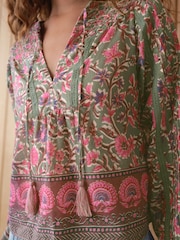 Green/Pink Floral Border Print Long Sleeve Pintuck Tie Neck 100% Cotton Blouse - Image 5 of 9