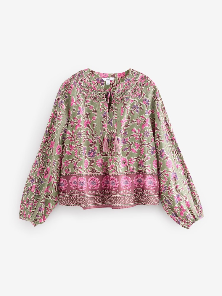 Green/Pink Floral Border Print Long Sleeve Pintuck Tie Neck 100% Cotton Blouse - Image 7 of 9