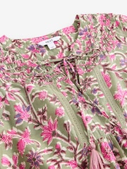 Green/Pink Floral Border Print Long Sleeve Pintuck Tie Neck 100% Cotton Blouse - Image 8 of 9