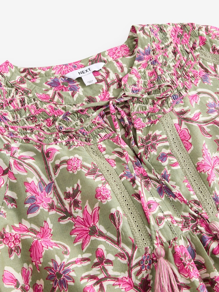 Green/Pink Floral Border Print Long Sleeve Pintuck Tie Neck 100% Cotton Blouse - Image 8 of 9