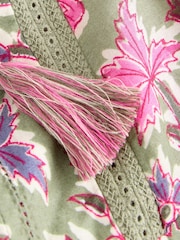 Green/Pink Floral Border Print Long Sleeve Pintuck Tie Neck 100% Cotton Blouse - Image 9 of 9