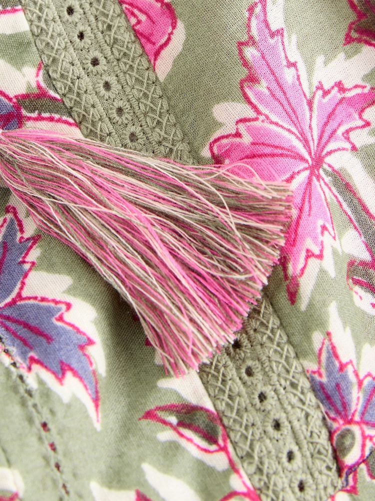 Green/Pink Floral Border Print Long Sleeve Pintuck Tie Neck 100% Cotton Blouse - Image 9 of 9