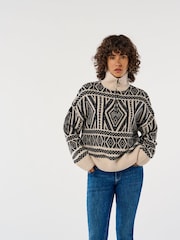 ONLY Natural Half Zip Patterned Aztec Knitted Pullover Jumper - Image 1 of 8