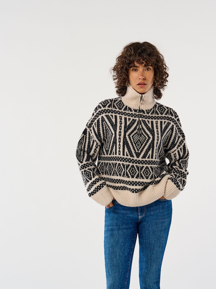 ONLY Natural Half Zip Patterned Aztec Knitted Pullover Jumper - Image 1 of 8