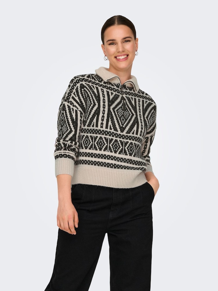 ONLY Natural Half Zip Patterned Aztec Knitted Pullover Jumper - Image 2 of 8