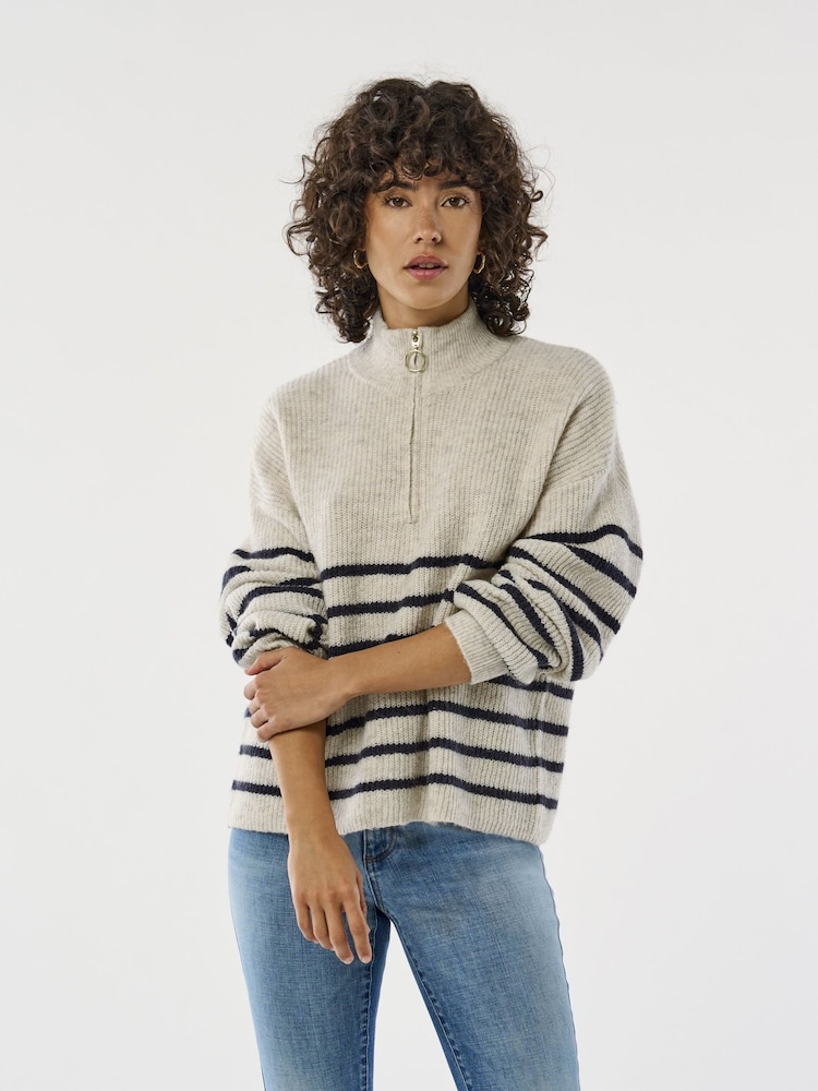 ONLY Natural Striped Half Zip Knitted Pullover - Image 1 of 8