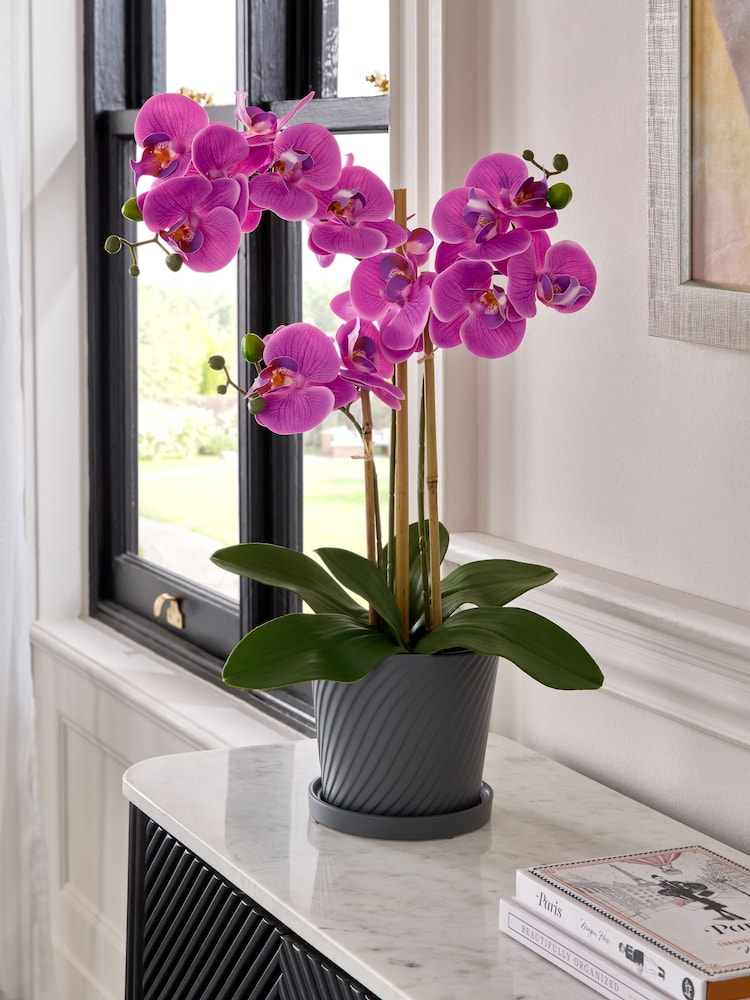 Pink Artificial Real Touch Orchid Plant In Grey Ceramic Pot - Image 1 of 4