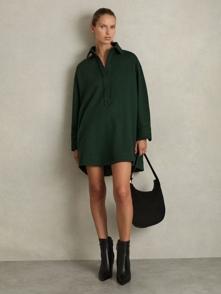 Reiss Green Lauren Shirt-Style Shift Dress With Wool - Image 1 of 6