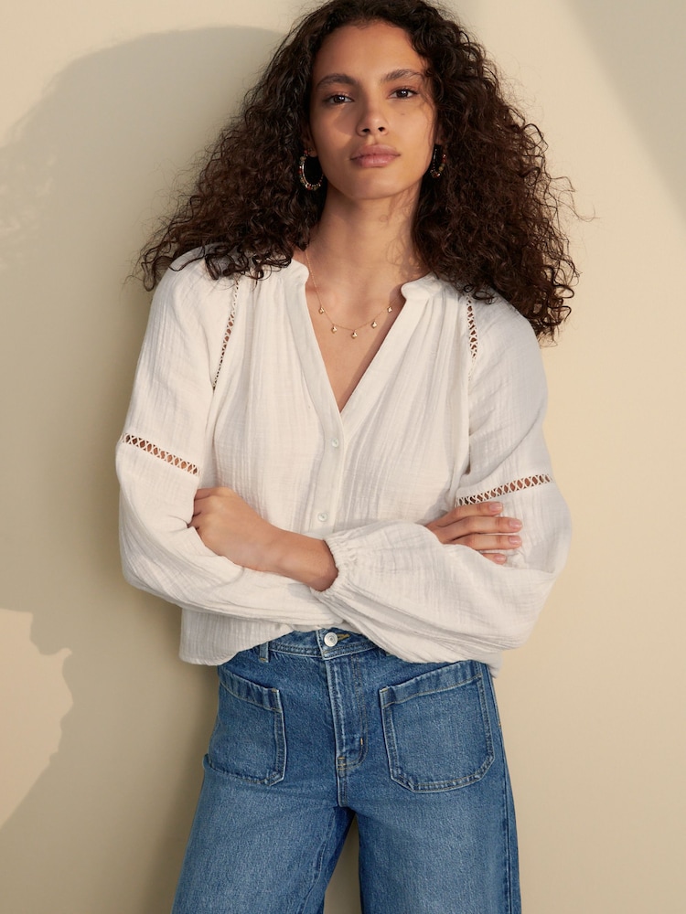 Blanco - Blusa de manga larga con diseño de doble tela y botones - Imagen 1 de 8 Blanco - Blusa de manga larga con diseño de doble tela y botones - Imagen 1 de 8