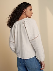 White Button Down Long Sleeve Doublecloth Blouse - Image 3 of 8