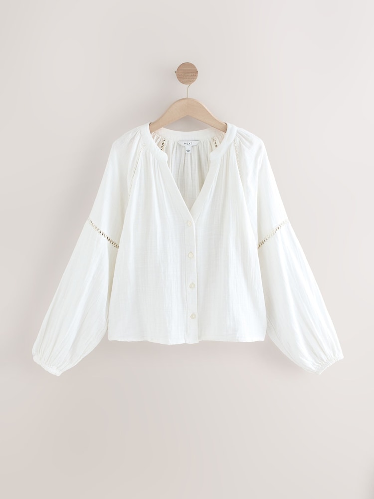 White Button Down Long Sleeve Doublecloth Blouse - Image 6 of 8