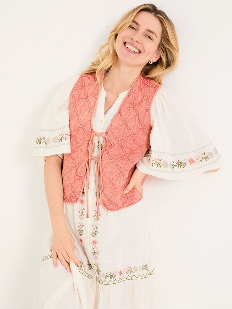 FatFace Rose Pink Quilted Tie Front Waistcoat - Image 2 of 6